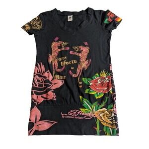 Vintage Ed Hardy Long Baby Tee Panther Rose Tattoo Tunic Christian Audigier L